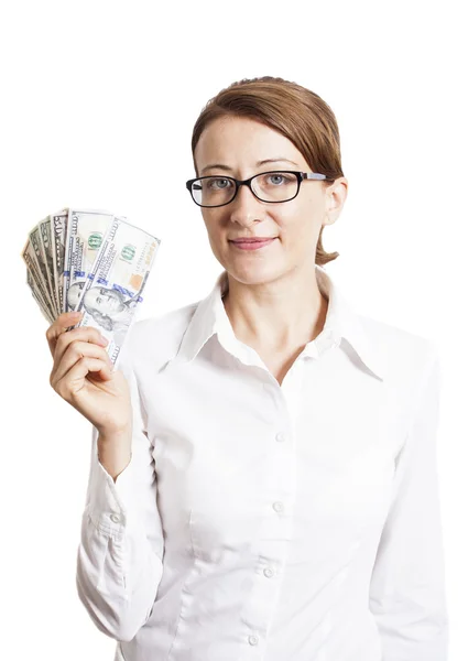 Young Business Woman In Eyeglasses Holding Dollar Banknotes — Stock Photo, Image