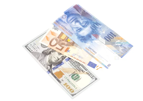 Amerikai dollár, európai euro és svájci frank bankjegyek — Stock Fotó