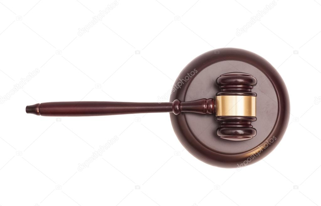 Wooden judge gavel and soundboard isolated on white background 