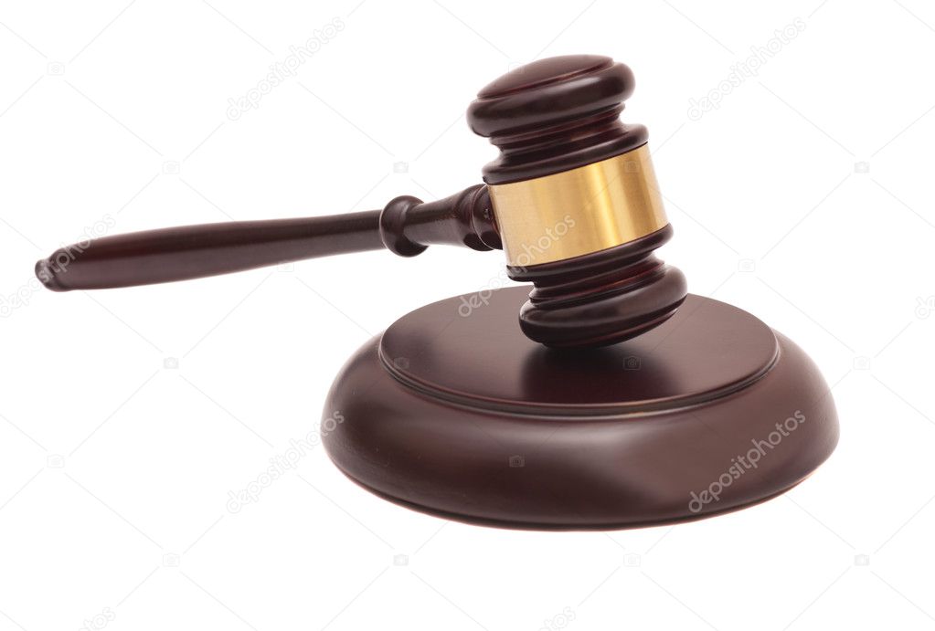 Wooden judge gavel and soundboard isolated on white background