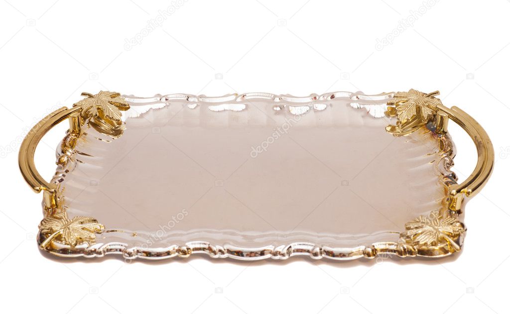 Empty Silver Tray With Leaf Ornament Isolated On White Backgroun