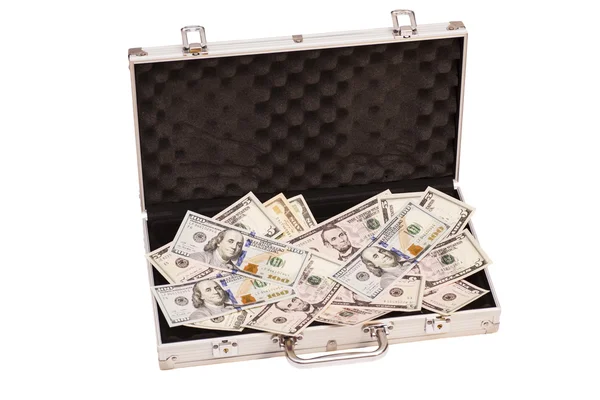 Открытый серебряный ящик с долларами на белом фоне — стоковое фото