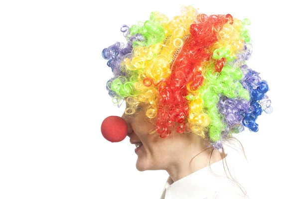 Grappige clown vrouw, vrouwelijke geïsoleerd op wit — Stockfoto