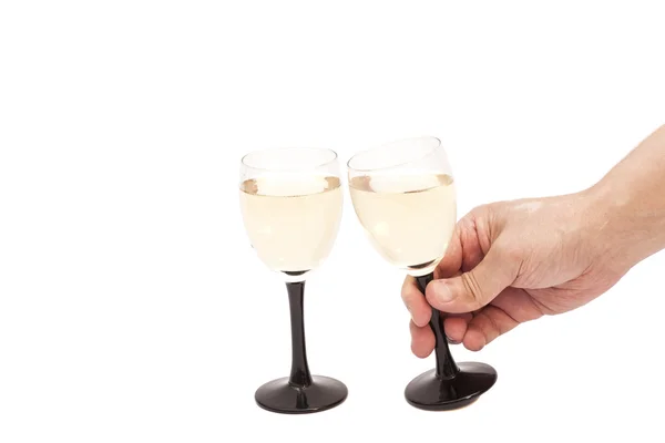 Hand holds glass goblet with champagne isolated on white backgro — Stock Photo, Image