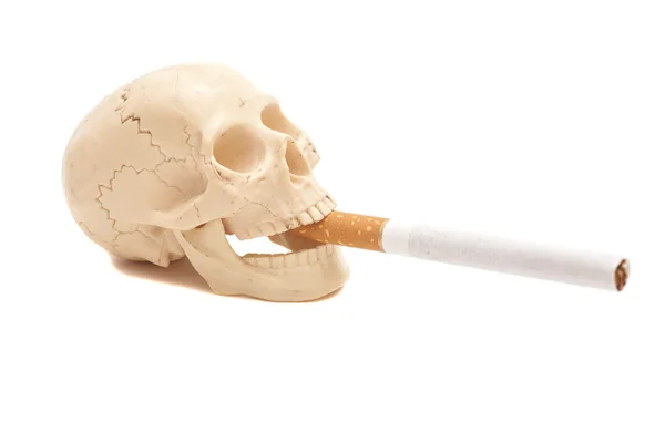Lidské lebky s cigaretou izolované na bílém — Stock fotografie