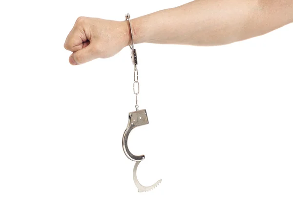 Мужская рука с наручниками изолированы на белом фоне — стоковое фото