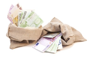 Beyaz arka plan üzerinde izole euro ile iki para çanta
