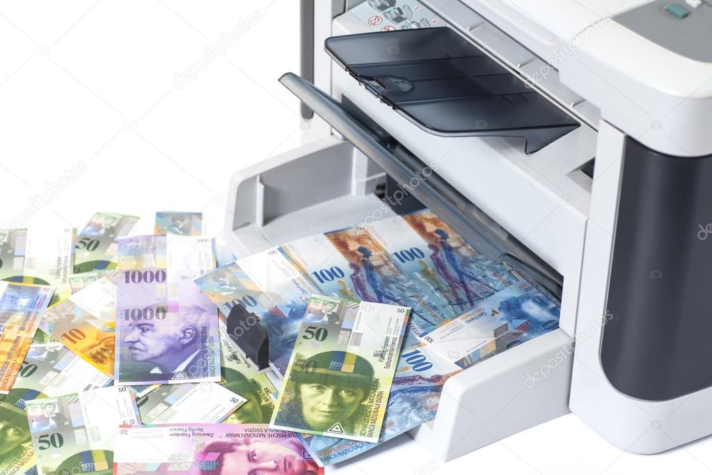 Printer printing fake Swiss francs, currency of switzerland 