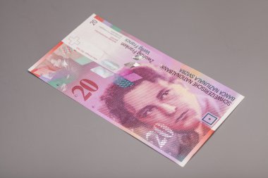 20 İsviçre Frangı, İsviçre'nin para birimi üzerinde gri izole.