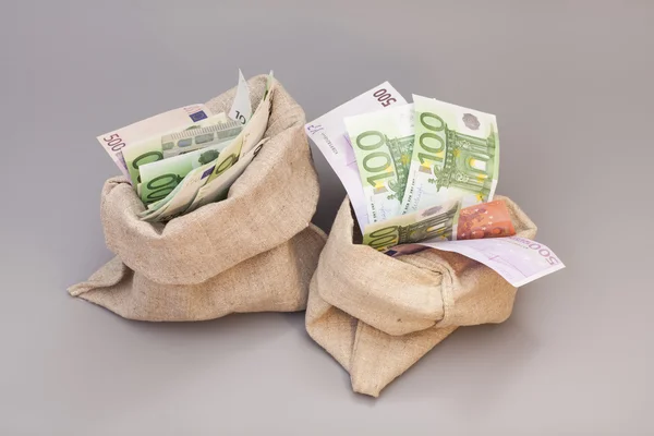 Dos bolsas de dinero con euro aislado sobre fondo gris — Foto de Stock