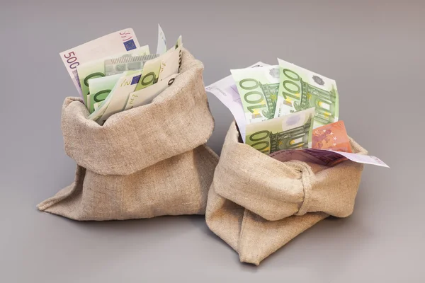 Dos bolsas de dinero con euro aislado sobre fondo gris — Foto de Stock