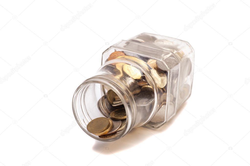 Jar with Coins money on white 