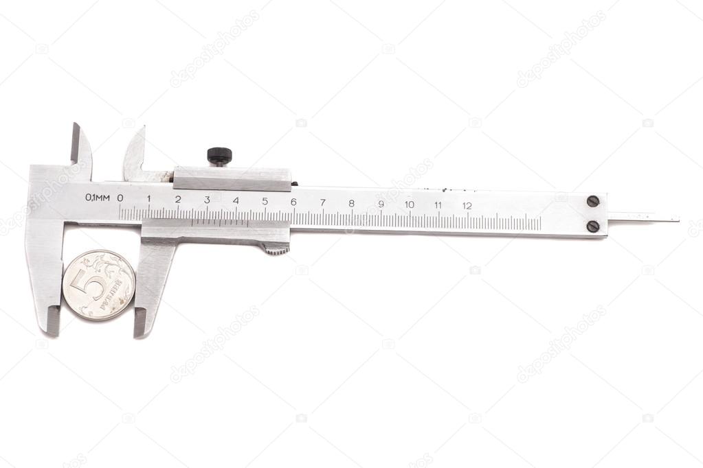 Vernier calipers with  coin isolated on white