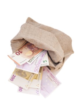 Beyaz arka plan üzerinde izole euro para çanta