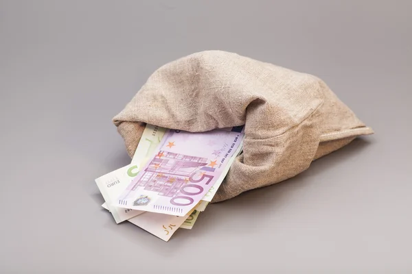 Bolsa de dinero con euro aislado sobre fondo gris — Foto de Stock
