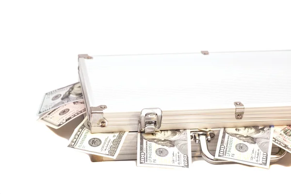 Серебряный ящик с долларами на белом фоне — стоковое фото