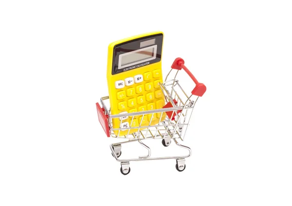 Calculadora no carrinho de compras isolado no fundo branco — Fotografia de Stock