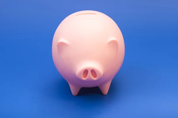 Pink Piggy Bank em fundo azul — Fotografia de Stock