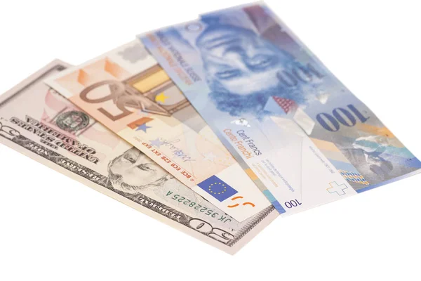 Amerických dolarů, Evropské euro, švýcarský Frank měna — Stock fotografie