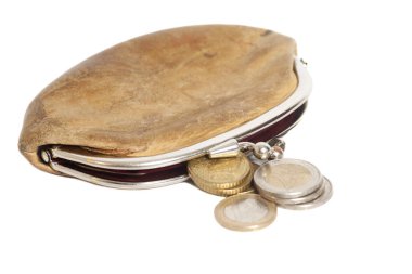 bazı avro ile cüzdan üzerinde izole beyaz paralar