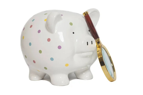 Banco Piggy com lupa isolada em branco — Fotografia de Stock