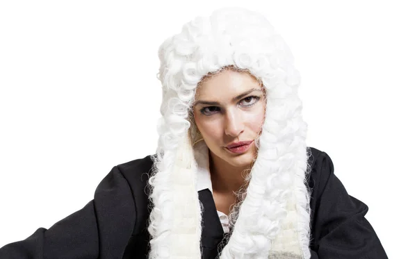 Female judge wearing a wig and black mantle — Stock Photo, Image