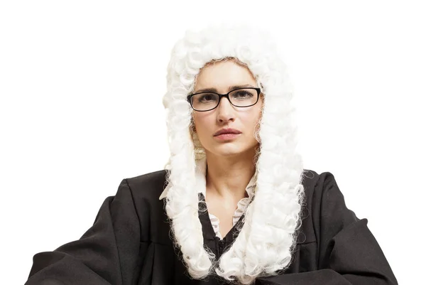 Female judge wearing a wig and Back mantle with eyeglasses — Stock Photo, Image