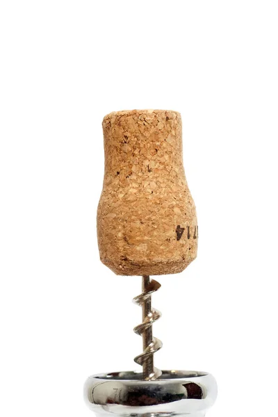 Cork op corkscrew geïsoleerd op witte achtergrond — Stockfoto