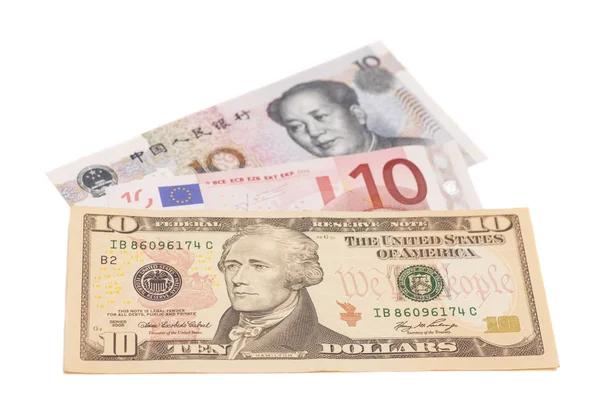 미국 달러, 유럽 유로, 중국 위안 지폐 — 스톡 사진