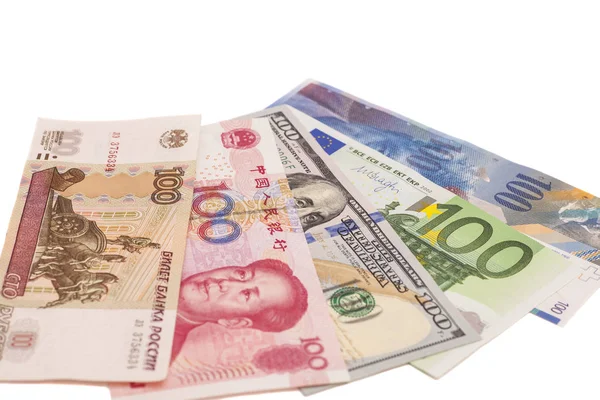 Amerikai dollárt, európai euró, svájci frank, kínai jüan és Rus — Stock Fotó