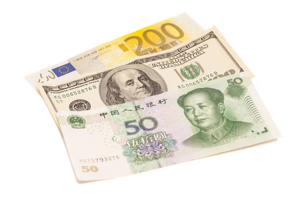 Dólares estadounidenses, euros europeos y billetes de yuanes chinos —  Fotos de Stock