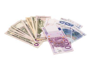 dolar ve euro para üzerinde beyaz izole
