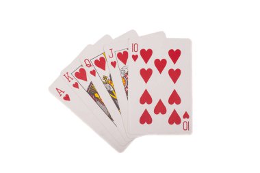 Royal flush iskambil izole beyaz arka plan üzerinde
