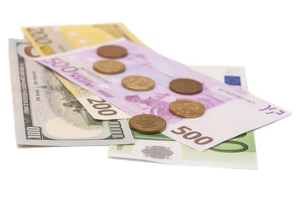 Bankovky a mince měny euro — Stock fotografie