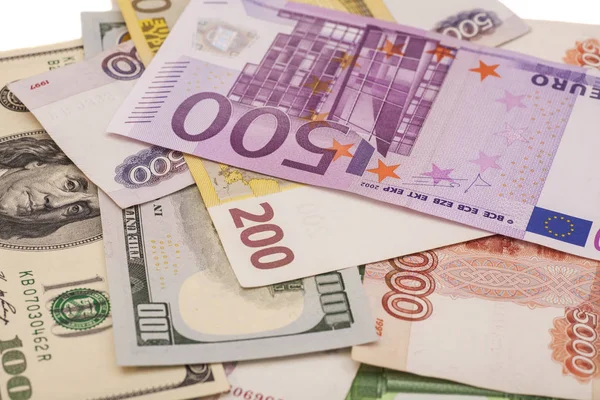Dolar ve euro para üzerinde beyaz izole — Stok fotoğraf