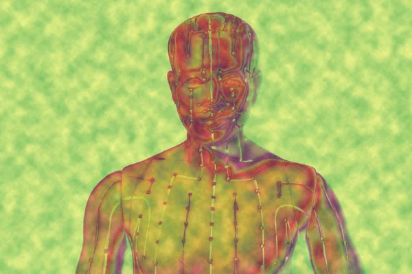 Медицинская акупунктурная модель человека на желтом фоне — стоковое фото