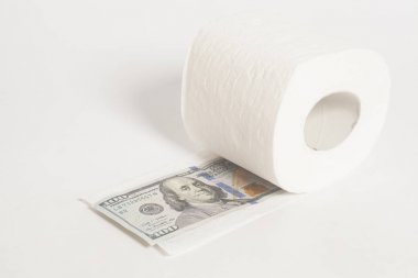 Tuvalet kağıdı rulosu para 100 Doları üzerinde beyaz izole