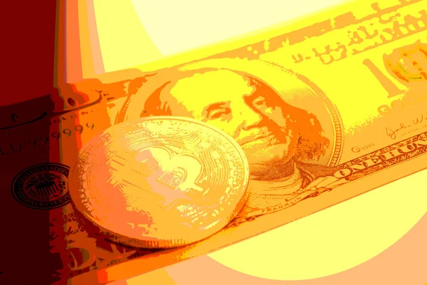 Bitcoin dourado com dólar dos EUA — Fotografia de Stock