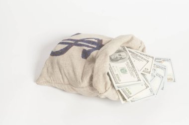 Para çantasını beyaz izole dolar simgesiyle 