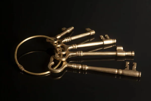 Las llaves antiguas doradas sobre el llavero — Foto de Stock
