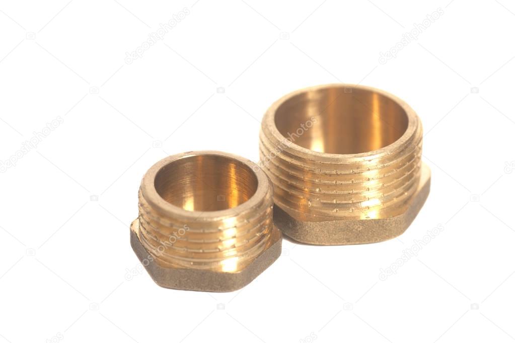 Brass fittings with a tip for putting hose isolated on a white background.