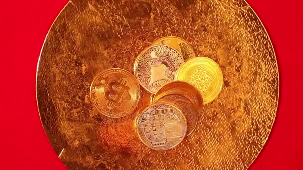 Golden end Silver Bitcoin coins on golden pan — Stockvideo