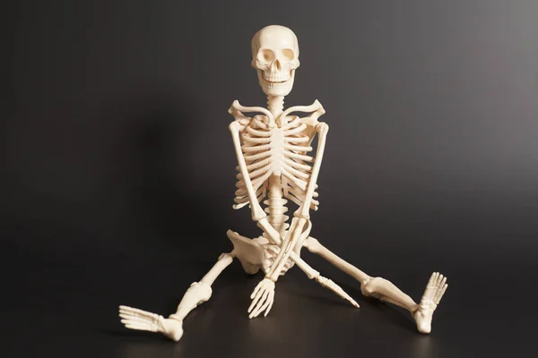 Siedzi szkielet człowieka na czarnym tle — Zdjęcie stockowe