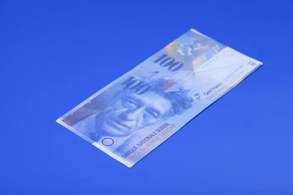 Banknote Hundred Swiss Francs Blue Background — Stock Photo, Image