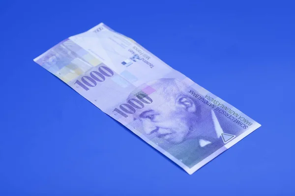 Billet Mille Francs Suisses Sur Bleu — Photo