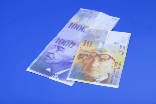 Franc Suisse Monnaie Suisse Sur Bleu — Photo