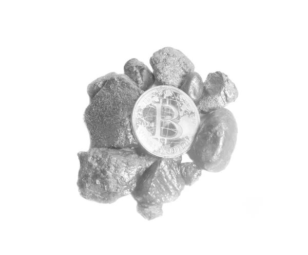 Silver Nugget Silver Bitcoin Coin Белом — стоковое фото