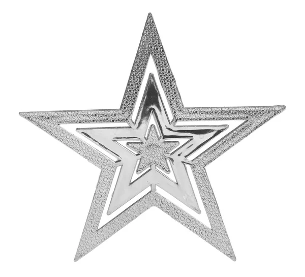 Lesklá Stříbrná Hvězda Dekorace Izolovaných Bílém Pozadí — Stock fotografie