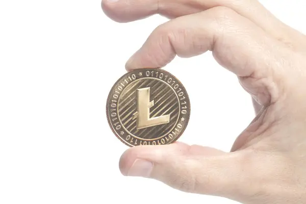 Golden Litecoin memegang tangan — Stok Foto