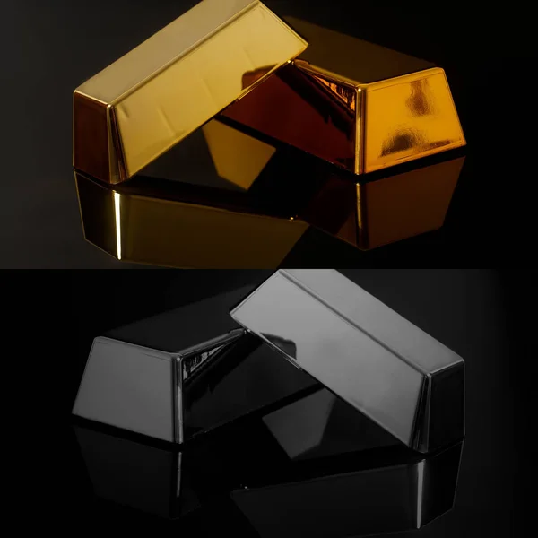 Gold bullion bars and silver on black background